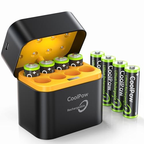 Coolpow Batterie Ricaricabili AA con Caricatore,Caricabatterie Pile Ricaricabili AA 3600mWh Ricarica Rapida,Batterie Stilo Ricaricabili ad Alta Capacità, 8 Pieces Ricarica & Stoccaggio in Uno