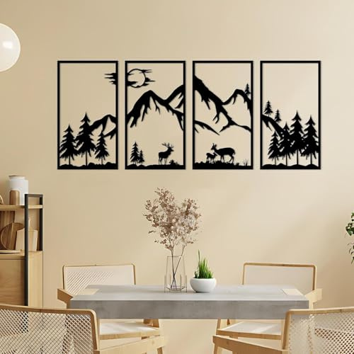 Decoracion Pared Metal 4 Piezas Esculturas Cuadros Decoración Salon Modernos Dormitorios Adornos Encima Cabecero cama Decorativa Wall Art Decorativo Dormitorio Decoração Quarto Montaña y Bosque
