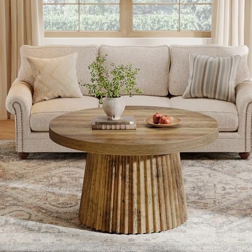 Tribesigns Runder Couchtisch, 80 cm Moderner Wohnzimmertisch mit geriffelter Trommelbasis & Holzoptik, Minimalistischer Kaffeetisch für Wohnzimmer, Apartment & kleine Räume (Braun)