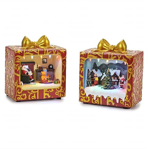 EMPOTEC Scena FESTIVITÀ Natalizia in Pacco Regalo Paesaggio Villaggio Natale Movimento Suono e Luci Decorazione Soprammobile Centro Tavola Alta qualità Idee Regalo 20x19x15cm Assortiti (1pz)
