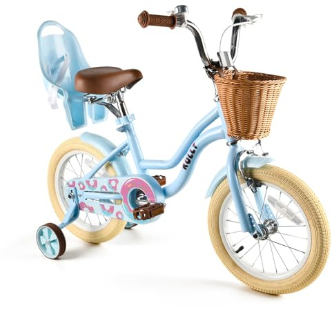 RULLY Bicicletta per bambini da 14 pollici, con ruote di supporto, cestino e seggiolino per bambole, sedile regolabile, bicicletta per bambini dai 3 ai 5 anni, blu