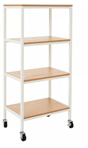 A ASPECT 4 Tiers Storage Trolley On Wheels With Wooden Shelves,Natural/White