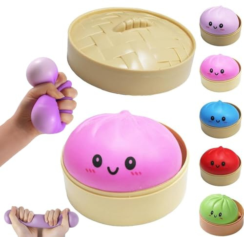 Dumpling Squishy, Glitter Dumplings Mystery Box, Squishy Dumpling Stress Relieving Toy, Soft Squeeze Decompression Dough, Easter Basket Stuffers,with Food Steamer Stretchy Desk Toys (Pink)