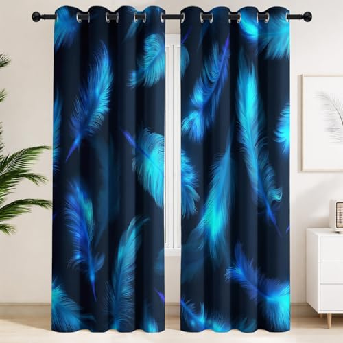 Generiska mörkläggningsgardiner lysande blå fjädrar, mörk bakgrund B 150 x H 245 cm, set om 2, djupgrundliga, eleganta gardiner med öljetter – värmeskydd för sovrum och vardagsrum