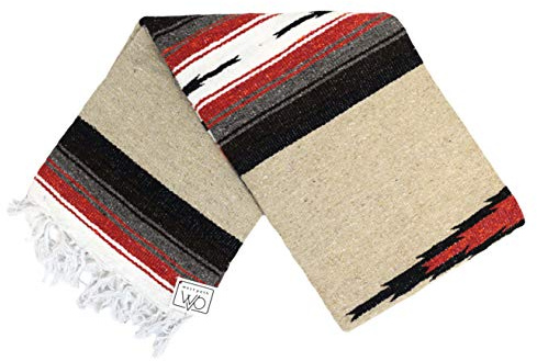 Open Road Goods Tan/Khaki Mexican Yoga Blanket - Thick Diamond Serape with Orange and Brown Stripes