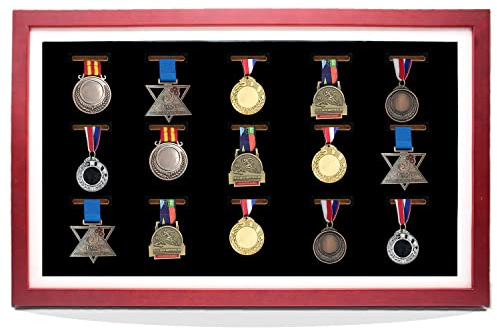 Vitrina para medallas, marco de exhibición de 15 medallas, ideal para corredores, maratones, ganadores de RECE, fútbol, gimnasia y deportes (madera roja)