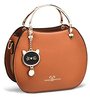 NICOLE & DORIS Bolso Bandolera Redondo Mujer Bolso Pequeño Bolsos de Mano Crossbody Lindo Bolsa Cruzado Bolsa de Mensajero para Niñas Bolsos de Fiesta Pochette con Gato Colgante Marrón