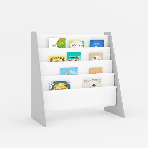 Luebel® Kids Bookshelf Book Storage 4 Tier Kids Sling Storage Bookcase Fabric Sling Shelves With Easy Book Access For Kids Books Childrens Bookcase Perfect For Kids Bedroom Storage (White/Grey)