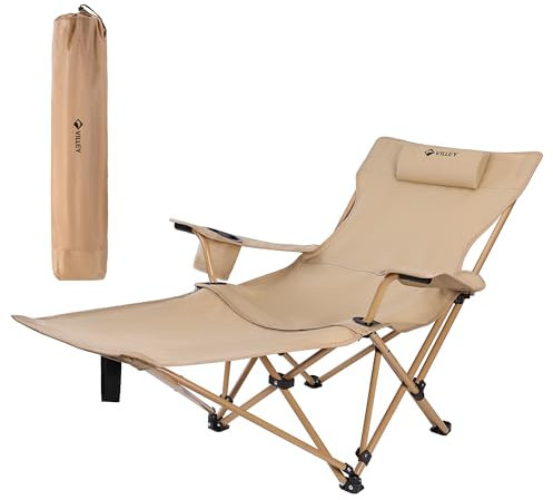 VILLEY Reclining Camping Chair with Removable Footrest, 2 in 1 Portable Adjustable Recliner Camp Chair, Headrest & Storage Bag, Supports Up to 150 kg
