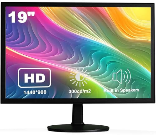 Insykktrkig 19 Zoll PC Monitor mit HDMI und VGA,1440x900 LED Bildschirm,Eingebaute Lautsprecher,60Hz,5ms,Helligkeit 300cd/m²,Neigbar,VESA 75x75, Business Computer Desktop Monitor