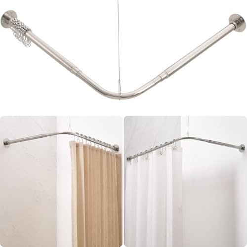 Crkmire Barra de Ducha en Forma de L Ajustable [62-121 cm] x [62-121 cm] para Esquina, con 12 Ganchos y Soporte de Techo para Bañera - Níquel Cepillado