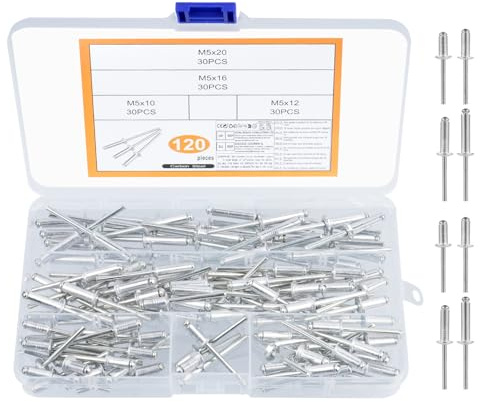 120 Stück Aluminium-Blindnieten Set, M5 Popnieten Set, Alu Blindnieten Sortiment, Pop-Nieten mit offenem Ende, Pop Nieten für Metall Holz Kunststoff(Silber)