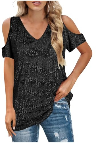 Haut à paillettes scintillantes pour femme - Chemisier à paillettes brillantes - Haut élégant à manches courtes et col rond - T-shirt ample pour femme - Pour mariage, bal, cocktail, Noël, carnaval