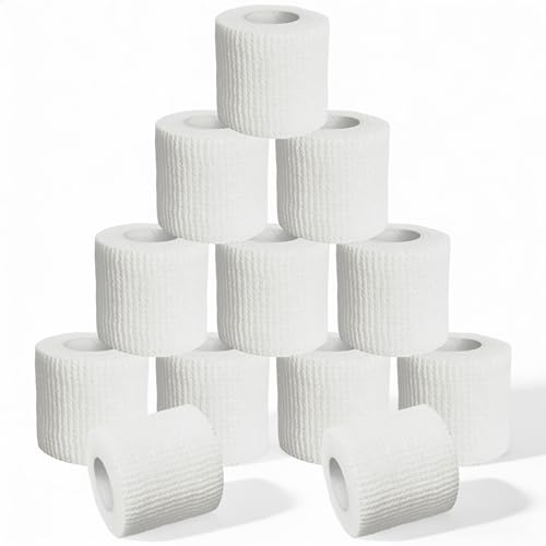 12 rullar självhäftande förband, 5 cm x 4,5 m elastiskt fixeringsbinde, självhäftande tejp, självhäftande för sport, handled, fingerplaster, fotled, veterwrap katt hund häst (vit)