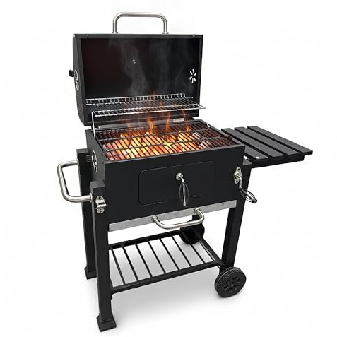 Barbecue a Carbone con Coperchio e Termometro, 1 Griglia di Cottura + Griglia Mantenimento, Apertura Frontale, Ripiano Laterale e Apribottiglie, BBQ da Giardino con Ruote