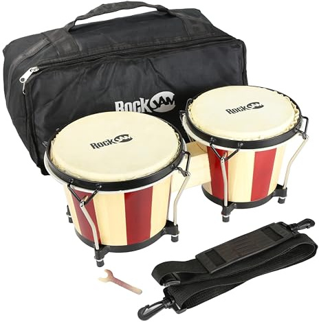 RockJam RJ-100301 7 and 8 Bongo Set with Padded Bag and Tuning Wrench Red and Natural Stripe(Design may vary)