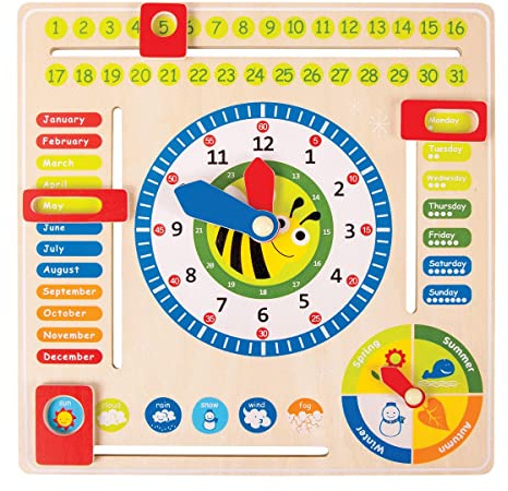 small foot Lerntafel Datum, Uhr-& Jahreszeiten in Englisch aus Holz, mit Zeigern und Kästchen, ab 3 Jahren, 4768