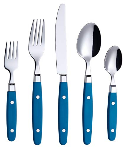 Annova Cutlery Set 20 Pieces Stainless Steel Color Handle with Rivet/Retro Style Flatware (Blue)