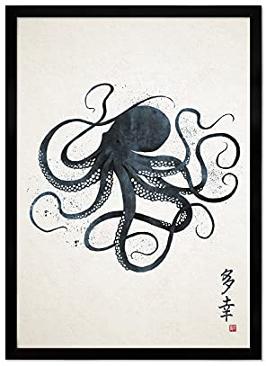 Strand Clothing Japanese Octopus Calligraphy Art Print Poster - Woodblock Ukiyo-e Wall Art (A2 Black Frame)