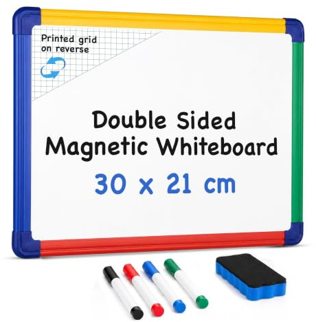 Premium A4 Magnetic Whiteboard 30 x 21cm- Double-Sided with Dry Erase Surface - Grid Printed on 1 Side - Ideal for Kids & Adults - Home & Office - Includes 4 Wipe Clean Pens and Eraser