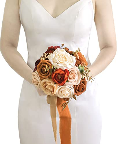 Lookein 7 Inch Wedding Bouquet for Bride Flower Bouquet for Bridesmaid Artificial Flowers Bouquet Rose Bouquet Bridal Bouquet Tossing Bouquet for Wedding Ceremony, Chic Terracotta