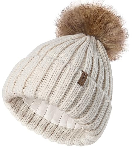 FURTALK Kids Winter Hats Baby Girl Boy Cotton Lined Beanie Toddler Bobble Hat Removable Pom Pom, 3-24 Months, Beige