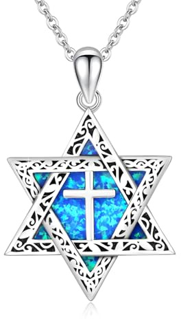 ABIGY Davidstern Kette 925 Sterling Silber Halskette mit Kreuz Opal Anhänger Hexagramm Davidstern Kette Jüdischen Hexagramm Amulett Schmuck Geschenke für Männer Damen