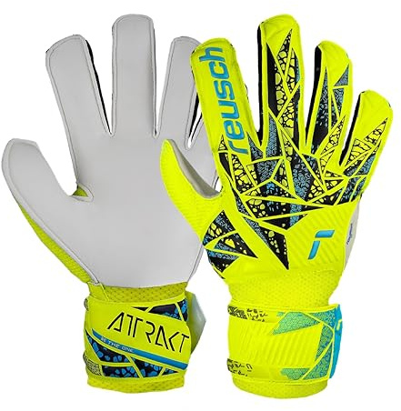 Reusch Attrakt Solid Junior Goalie Gloves, Soccer Goalkeeper Gloves, Breathable, Durable, for Artificial Grass & Hard Surfaces, Kids, Youth, Safety Yellow/Future Blue, Size 7
