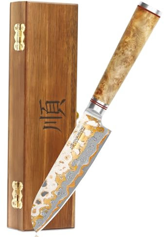 YOUSUNLONG Couteau Santoku 120mm - Lame en acier Damas au cuivre fabriquée à la main au Japon - Couteau asiatique ultra tranchant - Manche en bois de noyer naturel avec boîte en bois d'acacia