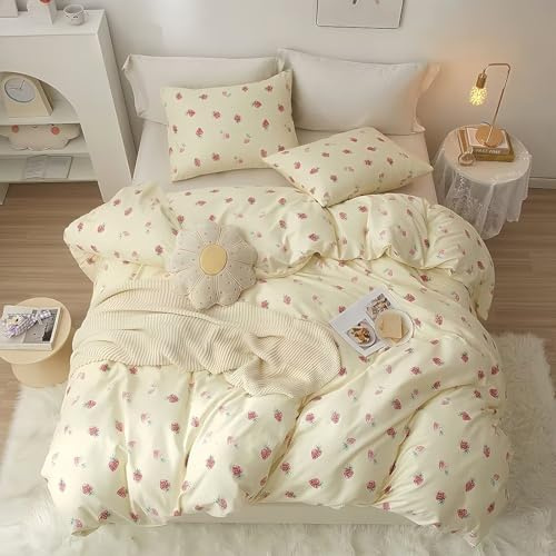 Tabeskly Kids Girls Bedding Set Single, Yellow Strawberry Cute Soft Zipper Childrens Full Bed 3 Piece Cover Duvet Quilt Covers and Pillowcases - Small Mildly Cosy Budget Bedclothes 135×200cm