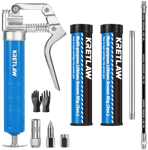 KRETLAW Kit de Mini Graisseuse, Petite graisseuse (3000 PSI) avec Graisse en Cartouche Double 85G et Flexible de 305 mm, couplage renforcé pour Automobile et Marine