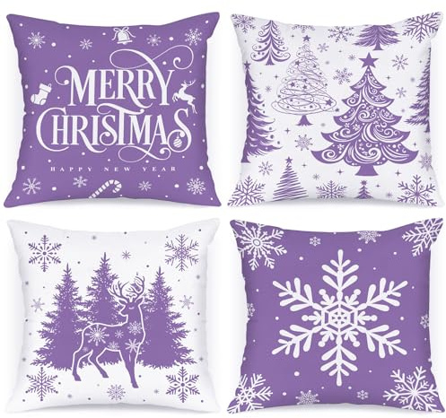 Lanpn 45x45 cm Purple Christmas Pillow Covers Set of 4, Lilac Decorative Pillowcase, Winter Pillow Case Decorations, 18x18 Tree & Snow Cushion for Indoor Home Bedroom Sofa Xmas Couch Decor