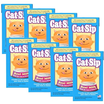 PetAg Cat-Sip Real Milk Treat - 8 oz, 8 Pack - Ready-to-Feed Snack for Cats & Kittens - Easy to Digest with 99% Lactose-Free, Low-Fat Grade A Milk - Encourages Hydration - Promotes Eye & Heart Health