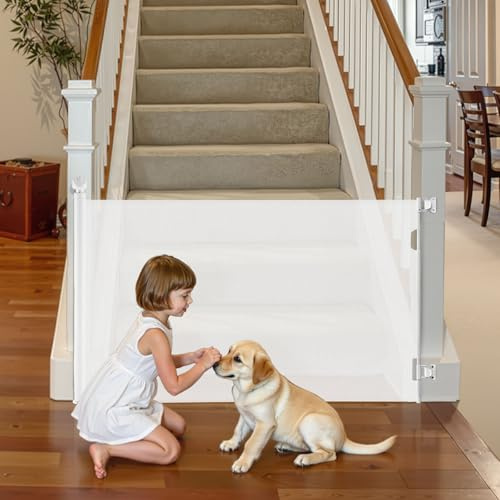 VEVOR Cancelletto Retrattile, Estensibile Fino a 1430 mm di Larghezza, 795 mm di Altezza, con Blocco di Sicurezza, Attraversabile Senza Inciampare, Cancelletto in Rete per Cani Scale, Bianco