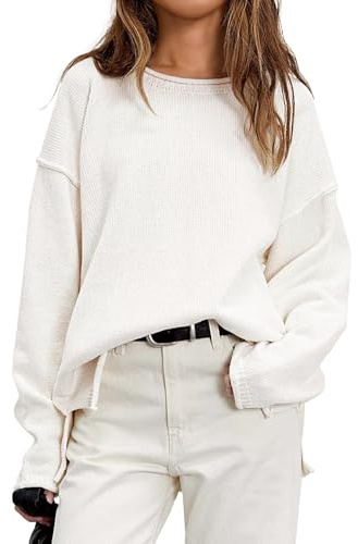 GREAIDEA Women's Pullover Fall Winter Sweaters Long Sleeve 2025 Roll Crewneck Side Slit Oversized Knit Tunic Sweater Tops White Medium