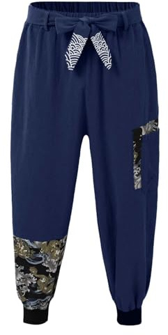 Hakama Kung Fu Wushu Kimono Pantalon ample Chinois Doux Yoga Hip Hop Baggy Voyage De Pêche Joggers De Course D'entraînement Élastique À La Taille Respirant, bleu foncé, M