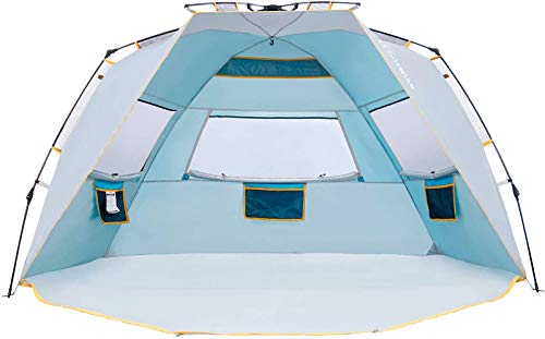 WolfWise Strandmuschel UV-Schutz 50+, 4-5 Personen Strandzelt mit Quick-Up-System, Sonnenschutz Windschutz mit erweiterbarem Boden Sonnenzelt Automatik Tragbar für Familie Camping Garten Strand Blau