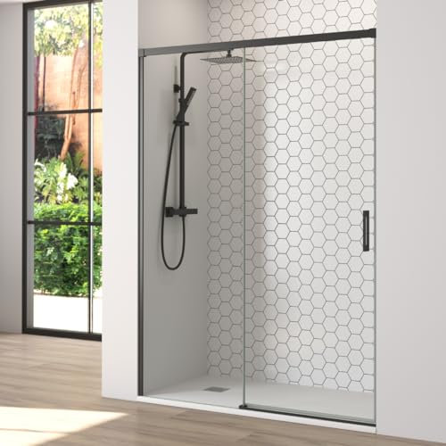 Mampara de Ducha Frontal Corredera 1 puerta Corredera + 1 fijo | Transparente | Cristal templado 6mm Antical | 195cm de Altura | Perfilería color Negro Mate | 135 cm (Adaptable 129-134cm)