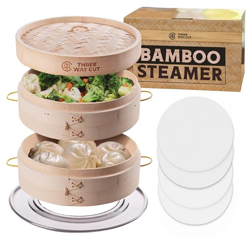 Bamboo Steamer 10 Inch 2 Tier Wooden Basket With Handle, Ring Adapter, Reusable Silicone Liner, Kit For Cooking Dumpling Baby Bao Bun, Dim Sum, Rice Potsticker Steaming Chinese Asian Food & Vegetables