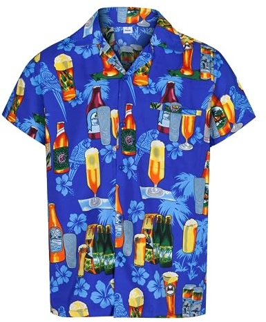 REDSTAR Mens Hawaiian Shirt Short Sleeve STAG Beach Holiday Beer Bottle Design Fancy Dress Hawaii (Large, Blue)