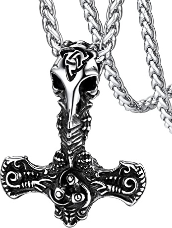 FaithHeart Viking Hammer Necklace Mens Norse Mjolnir Jewellery Stainless Steel Nordic Raven Pendant Adjustable Chain 55+5cm