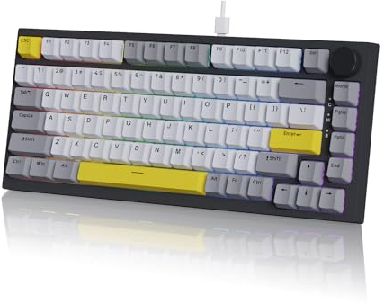 AJAZZ AK820 Wired Mechanical Keyboard, 75% Gaming Keyboard with Volume Control Knob, PBT Keycaps, 82 Keys, Five-Layer Sound Insulation Pad, South-Oriented RGB, Full-Key Hot Swap, Grey White Yellow