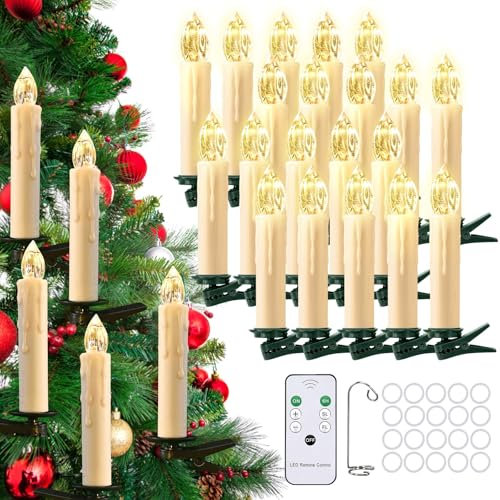 cimetech 20er Christbaumkerzen Kabellos Led Schwebende Kerzen Weihnachtsbaumbeleuchtung Lichterkette Weihnachtsbaum Warmweiß Weihnachtsdeko mit Fernbedienung Timer 1.5 x 8 cm