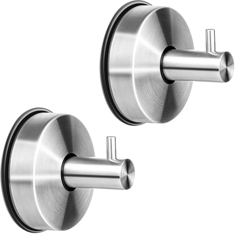 2 Pcs Suction Hooks, Vacuum Suction Cup Hook Removable and Reusable SuctionTowel Holder, Self Adhesive Waterproof Stainless Steel Heavy Duty Hook for Bathroom Kitchen