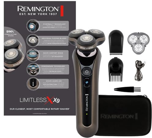 Remington Rasierer Herren Elektrisch [SynX Hybrid Schneidesystem: Rotation & Folienrasierer, Nass-&Trocken- Rasierapparat, 360°PivotBall] X9 Turbo (inkl Detail-& Barttrimmer) Rotationsrasierer XR1795