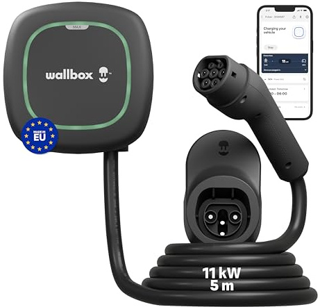 Wallbox Pulsar MAX 11kW - Cargador Coche Electrico 32 A - Cable 5 Metros -Cargador EV Tipo 2- Estación Carga para Vehículo Eléctrico WiFi y Bluetooth - Cable de Carga para Interior y Exterior - Negro