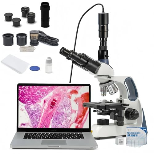 Swift Infinity-Corrected Compound Trinocular Microscope SW400, 40X-2500X Magnification, Infinity Achromatic Objectives, Two-Layer Mechanical Stage, with 5.0 Megapixel Camera and Slides