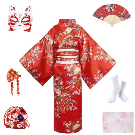 YOOCHUENG 8 Pcs Kimono Femme Déguisement Japonais Femme -Taille Unique (Convient EU 44-52) Yukata Robe, Ensemble Cosplay Anime avec Masque,Ceinture Réglable, Coffret Cadeau Inclus
