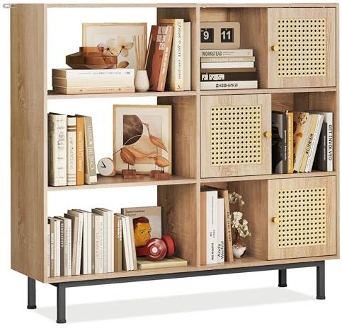 YOSHOOT Rattan Bookcase, Storage Sideboard Cabinet with Metal Legs, Wooden Bookshelf with 3 Door, 6 Open Compartments, Freestanding Display Rack for Living Room, Study,102x29x96cm(Natural Oak)