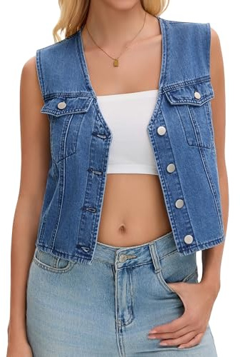 CIMUK Gilet en Jean Femme Veste Court sans Manches Boutonné Col en V Style Western